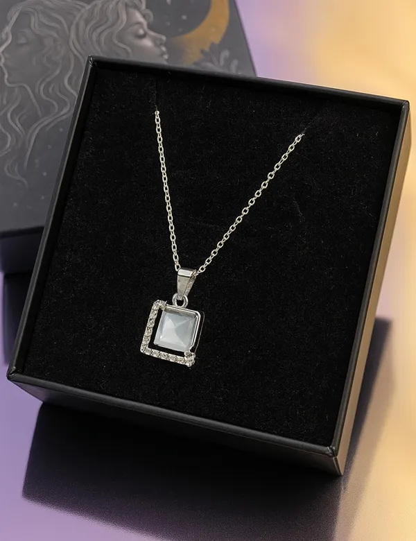SHANKHRAJ_MALL_Crystal_Bow_Pendant_Necklace_with_Pink_Opal_Square_Stone,_Chrome_Chain,_Rhinestone_Accents_(CN36)