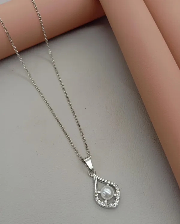 SHANKHRAJ_MALL_Crystal_Bow_Pendant_Necklace_with_Pink_Opal_Square_Stone,_Chrome_Chain,_Rhinestone_Accents_(CN37)