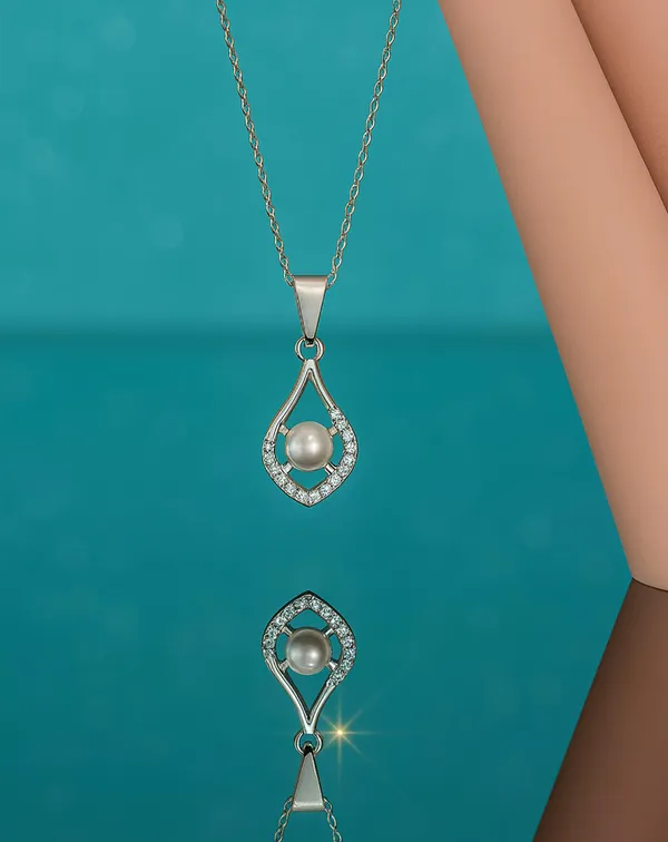 SHANKHRAJ_MALL_Crystal_Bow_Pendant_Necklace_with_Pink_Opal_Square_Stone,_Chrome_Chain,_Rhinestone_Accents_(CN37)