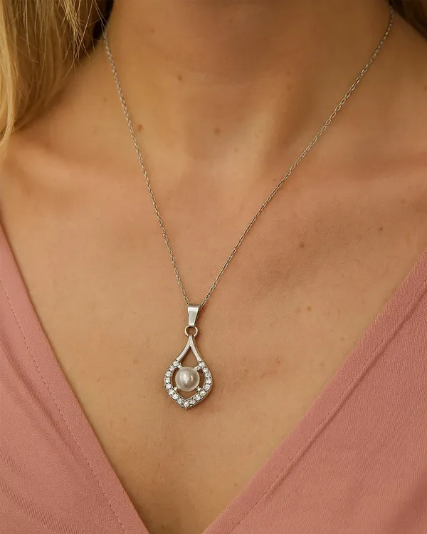 SHANKHRAJ_MALL_Crystal_Bow_Pendant_Necklace_with_Pink_Opal_Square_Stone,_Chrome_Chain,_Rhinestone_Accents_(CN37)