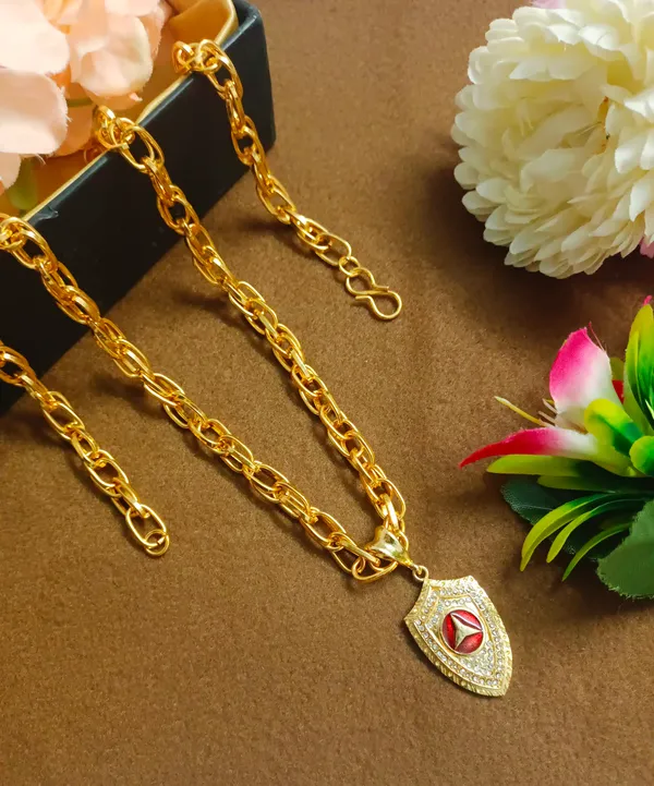 SHANKHRAJ_MALL_Gold-Toned_Byzantine_Chain_Necklace_with_Shield_Pendant,_50_cm_(3_kadi)
