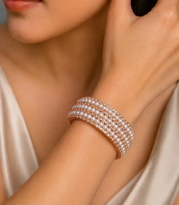 SHANKHRAJ_MALL_Women's_Pearl_and_Crystal_Embellished_Quartz_Bangle_Watch,_Rose_Gold,_Cuff_Bracelet_Style