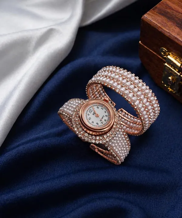 SHANKHRAJ_MALL_Women's_Pearl_and_Crystal_Embellished_Quartz_Bangle_Watch,_Rose_Gold,_Cuff_Bracelet_Style