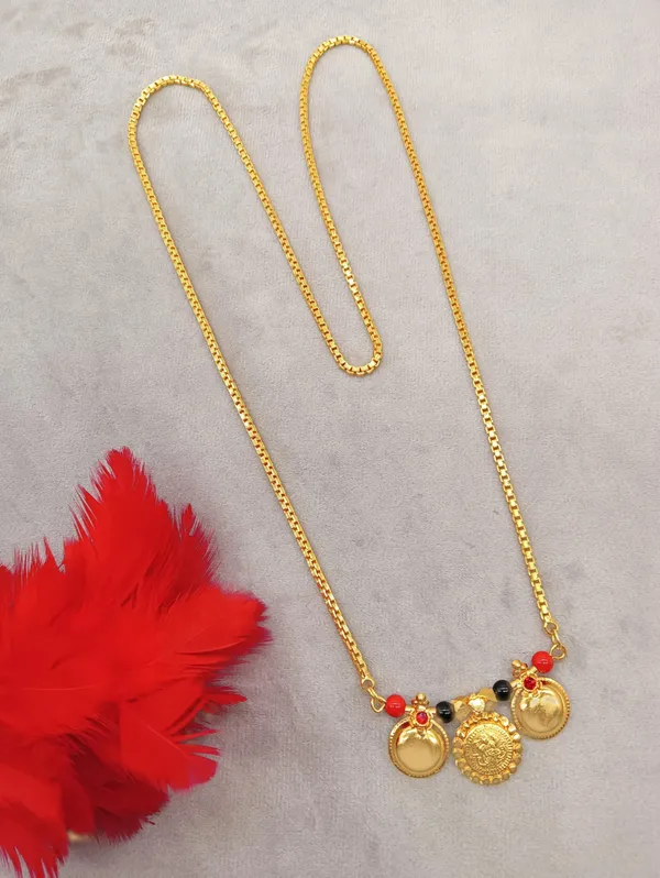 SHANKHRAJ_MALL_Gold-Plated_Chain_Necklace_with_Coin_Pendants_and_Red_Beads,_Traditional_Design