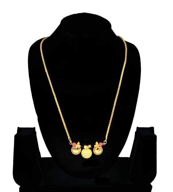 SHANKHRAJ_MALL_Gold-Plated_Chain_Necklace_with_Coin_Pendants_and_Red_Beads,_Traditional_Design