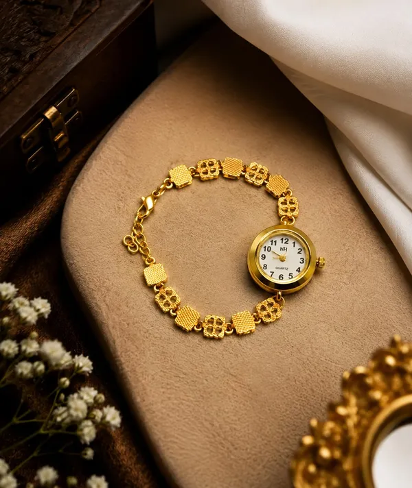SHANKHRAJ_MALL_Women's_Gold-Tone_Quartz_Bracelet_Watch_with_Floral_Chain