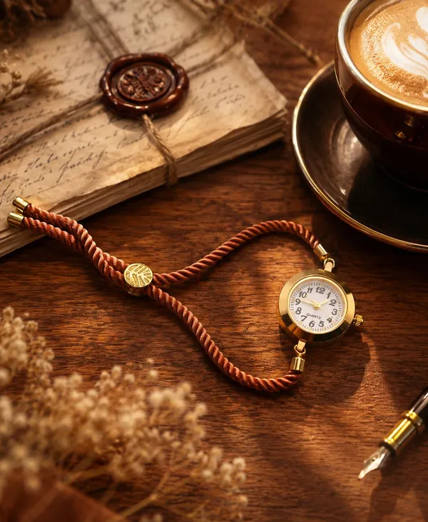 SHANKHRAJ_MALL_Vintage_Quartz_Bracelet_Watch,_Gold-Tone_Round_Dial,_Brown_Rope_Strap,_Retro_Style_(BROWN)