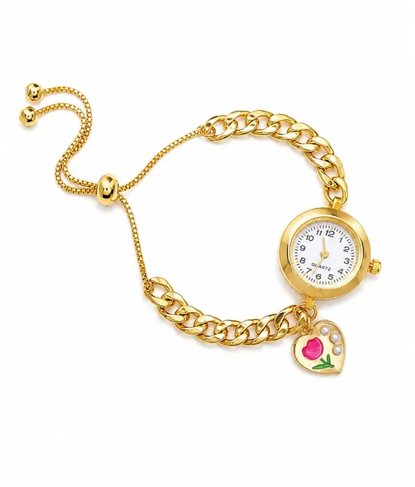 Gold-Tone_Quartz_Bracelet_Watch_with_Curb_Chain_Band_and_Heart_Charm,_Adjustable,_Women's