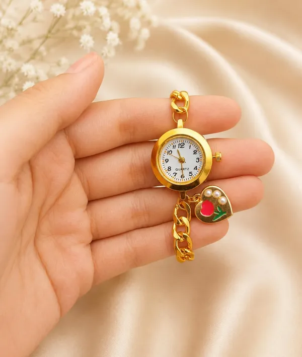 Gold-Tone_Quartz_Bracelet_Watch_with_Curb_Chain_Band_and_Heart_Charm,_Adjustable,_Women's
