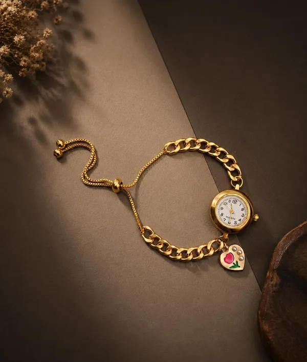 Gold-Tone_Quartz_Bracelet_Watch_with_Curb_Chain_Band_and_Heart_Charm,_Adjustable,_Women's