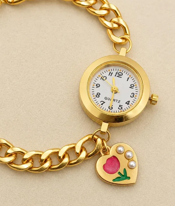 Gold-Tone_Quartz_Bracelet_Watch_with_Curb_Chain_Band_and_Heart_Charm,_Adjustable,_Women's