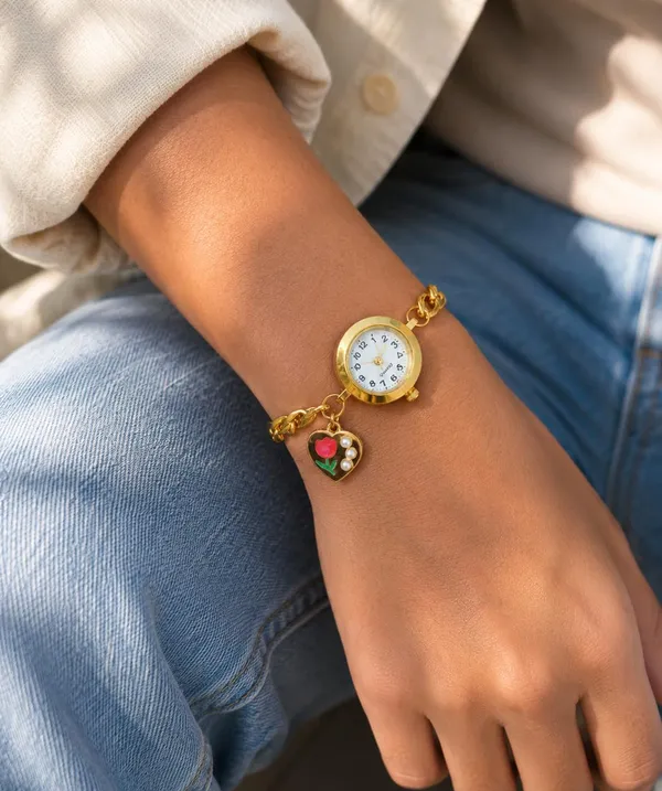 Gold-Tone_Quartz_Bracelet_Watch_with_Curb_Chain_Band_and_Heart_Charm,_Adjustable,_Women's