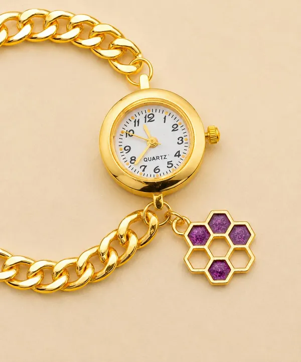 Gold-Tone_Quartz_Bracelet_Watch,_Curb_Chain_Band_with_Adjustable_Slider,_Honeycomb_Charm,_White_Dial