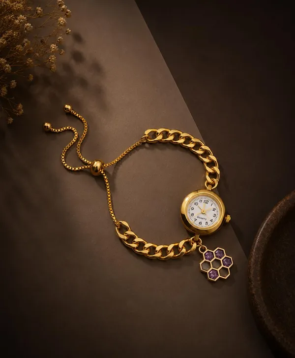 Gold-Tone_Quartz_Bracelet_Watch,_Curb_Chain_Band_with_Adjustable_Slider,_Honeycomb_Charm,_White_Dial