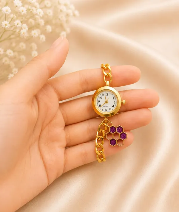 Gold-Tone_Quartz_Bracelet_Watch,_Curb_Chain_Band_with_Adjustable_Slider,_Honeycomb_Charm,_White_Dial