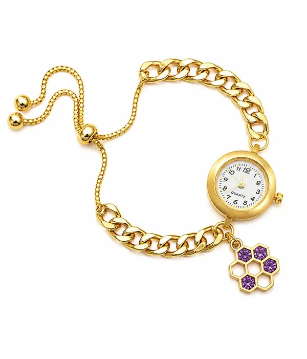 Gold-Tone_Quartz_Bracelet_Watch,_Curb_Chain_Band_with_Adjustable_Slider,_Honeycomb_Charm,_White_Dial