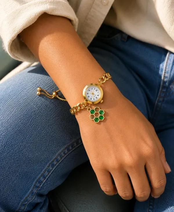 Women's_Gold-Tone_Quartz_Bracelet_Watch_with_Curb_Chain_Band_and_Green_Honeycomb_Charm,_Adjustable
