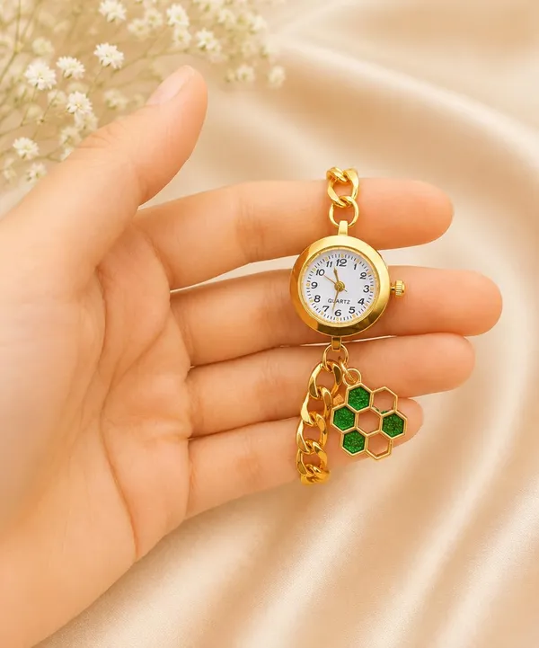 Women's_Gold-Tone_Quartz_Bracelet_Watch_with_Curb_Chain_Band_and_Green_Honeycomb_Charm,_Adjustable