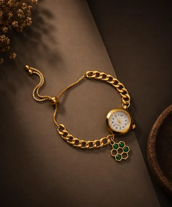 Women's_Gold-Tone_Quartz_Bracelet_Watch_with_Curb_Chain_Band_and_Green_Honeycomb_Charm,_Adjustable