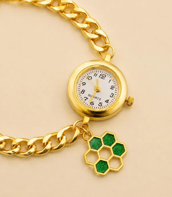 Women's_Gold-Tone_Quartz_Bracelet_Watch_with_Curb_Chain_Band_and_Green_Honeycomb_Charm,_Adjustable