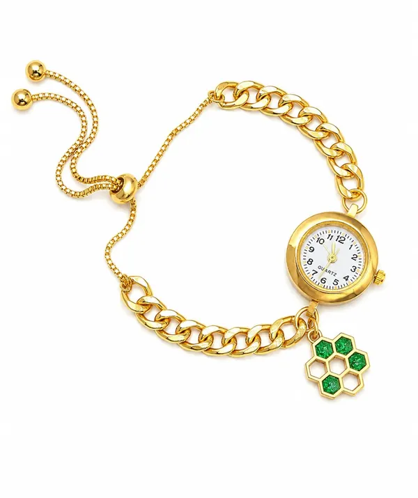 Women's_Gold-Tone_Quartz_Bracelet_Watch_with_Curb_Chain_Band_and_Green_Honeycomb_Charm,_Adjustable