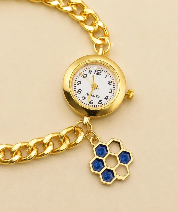 Women's_Gold-Tone_Quartz_Bracelet_Watch_with_Curb_Chain_Band_and_Honeycomb_Charm,_Adjustable_Bolo_Style