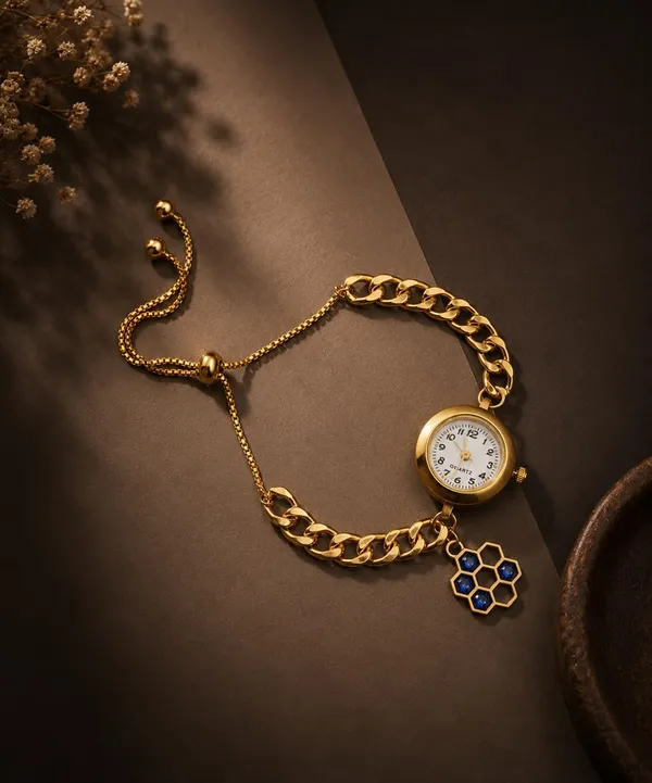 Women's_Gold-Tone_Quartz_Bracelet_Watch_with_Curb_Chain_Band_and_Honeycomb_Charm,_Adjustable_Bolo_Style