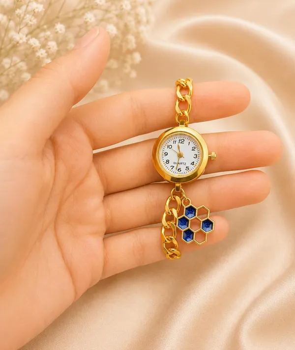 Women's_Gold-Tone_Quartz_Bracelet_Watch_with_Curb_Chain_Band_and_Honeycomb_Charm,_Adjustable_Bolo_Style