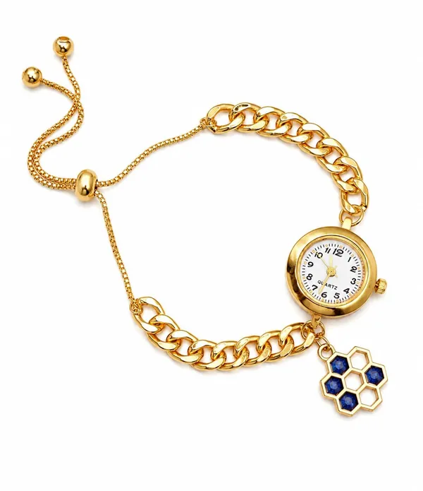 Women's_Gold-Tone_Quartz_Bracelet_Watch_with_Curb_Chain_Band_and_Honeycomb_Charm,_Adjustable_Bolo_Style