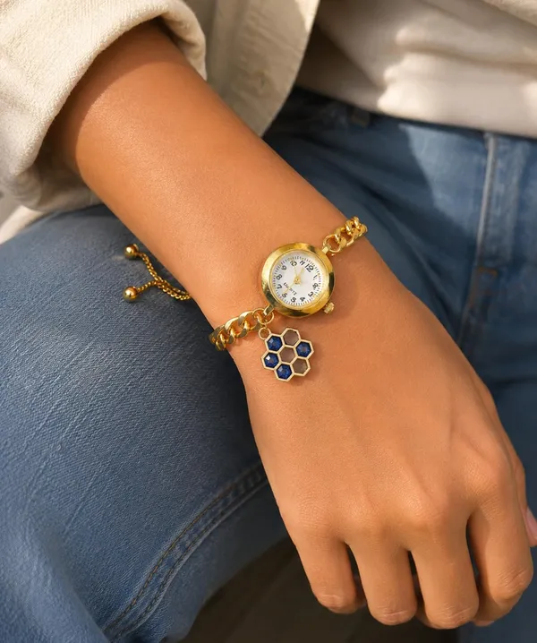 Women's_Gold-Tone_Quartz_Bracelet_Watch_with_Curb_Chain_Band_and_Honeycomb_Charm,_Adjustable_Bolo_Style