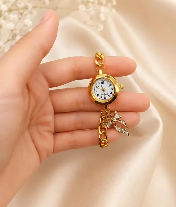 Women's_Gold-Tone_Chain_Bracelet_Watch,_Quartz,_White_Dial,_Bow_Charm_Pendant,_Adjustable