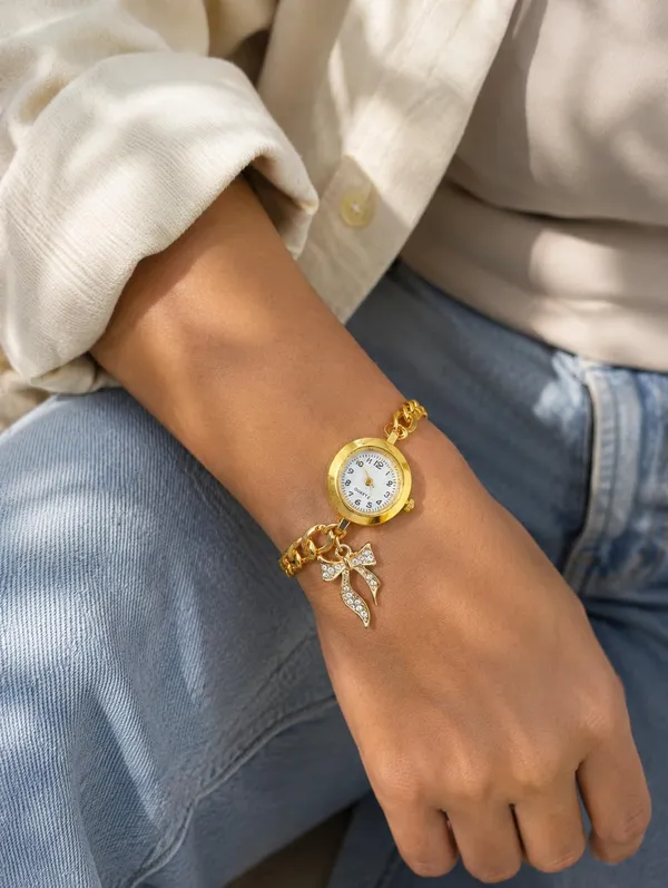 Women's_Gold-Tone_Chain_Bracelet_Watch,_Quartz,_White_Dial,_Bow_Charm_Pendant,_Adjustable