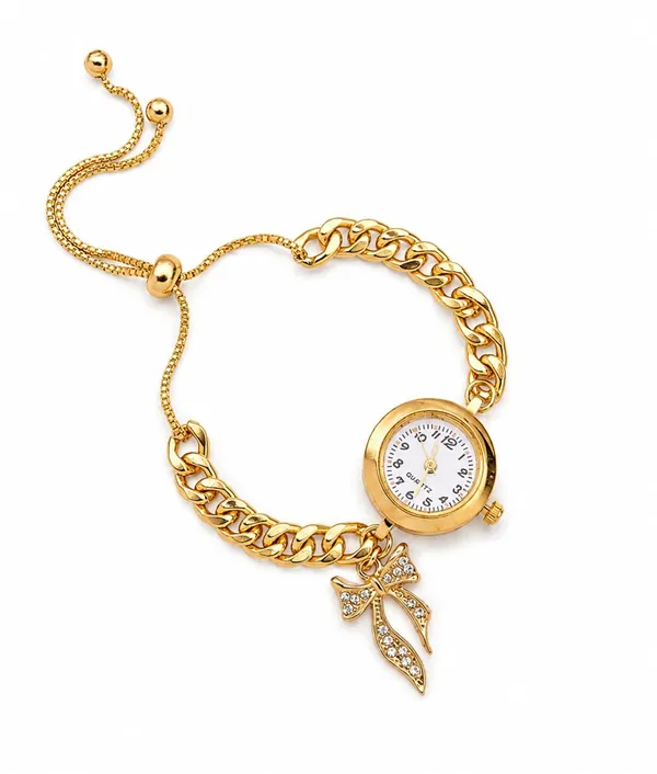 Women's_Gold-Tone_Chain_Bracelet_Watch,_Quartz,_White_Dial,_Bow_Charm_Pendant,_Adjustable