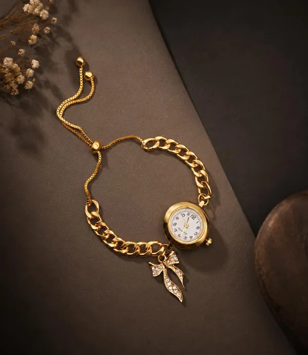 Women's_Gold-Tone_Chain_Bracelet_Watch,_Quartz,_White_Dial,_Bow_Charm_Pendant,_Adjustable