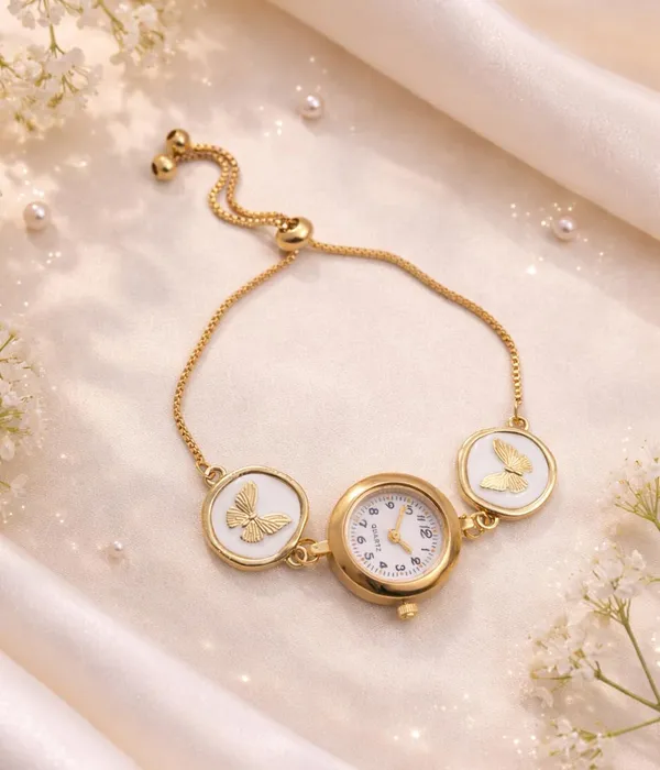 SHANKHRAJ_MALL_Women's_Gold-Tone_Quartz_Bracelet_Watch,_White_Dial