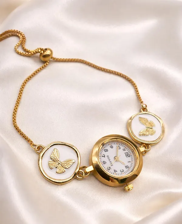 SHANKHRAJ_MALL_Women's_Gold-Tone_Quartz_Bracelet_Watch,_White_Dial