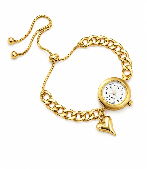 Gold-Tone_Quartz_Bracelet_Watch_with_Curb_Chain_Band_and_Heart_Charm,_Adjustable,_Women's