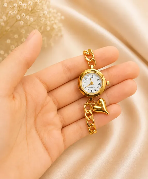 Gold-Tone_Quartz_Bracelet_Watch_with_Curb_Chain_Band_and_Heart_Charm,_Adjustable,_Women's