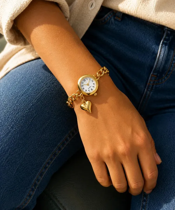 Gold-Tone_Quartz_Bracelet_Watch_with_Curb_Chain_Band_and_Heart_Charm,_Adjustable,_Women's