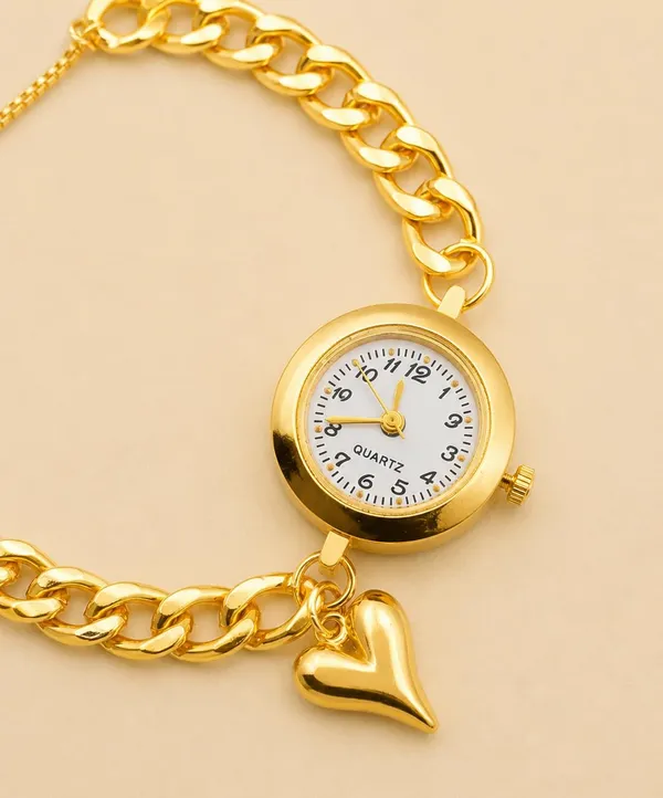 Gold-Tone_Quartz_Bracelet_Watch_with_Curb_Chain_Band_and_Heart_Charm,_Adjustable,_Women's