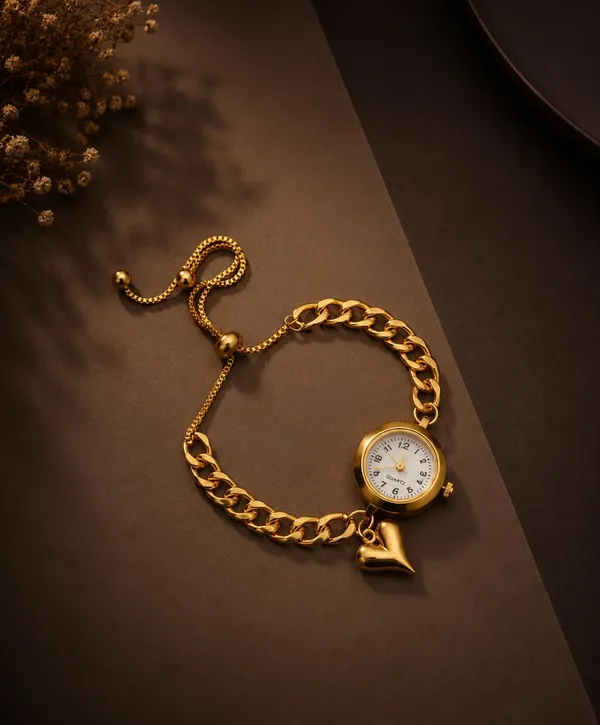Gold-Tone_Quartz_Bracelet_Watch_with_Curb_Chain_Band_and_Heart_Charm,_Adjustable,_Women's