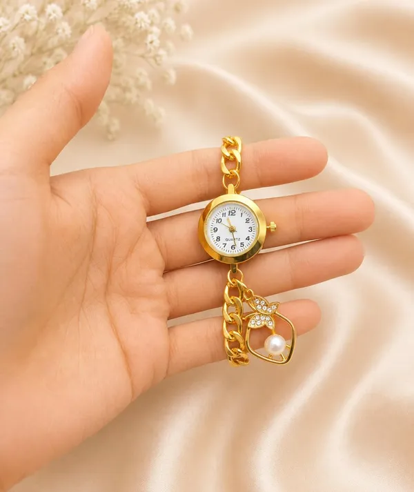 Women's_Gold-Tone_Quartz_Bracelet_Watch,_Curb_Chain_Band_with_Pearl_and_Crystal_Butterfly_Charm,_Adjustable_Slider_Closure