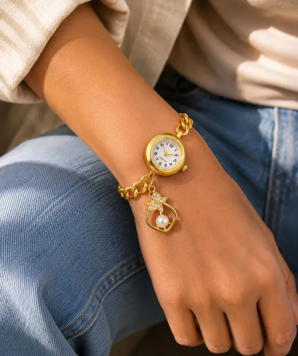 Women's_Gold-Tone_Quartz_Bracelet_Watch,_Curb_Chain_Band_with_Pearl_and_Crystal_Butterfly_Charm,_Adjustable_Slider_Closure