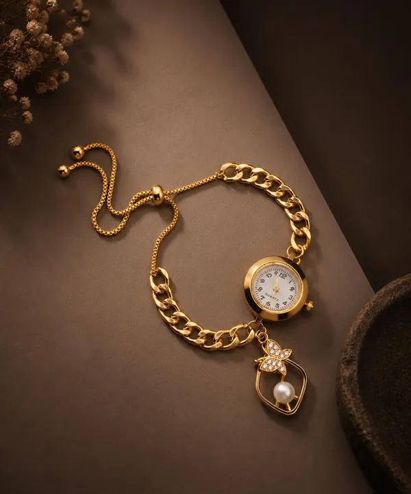 Women's_Gold-Tone_Quartz_Bracelet_Watch,_Curb_Chain_Band_with_Pearl_and_Crystal_Butterfly_Charm,_Adjustable_Slider_Closure