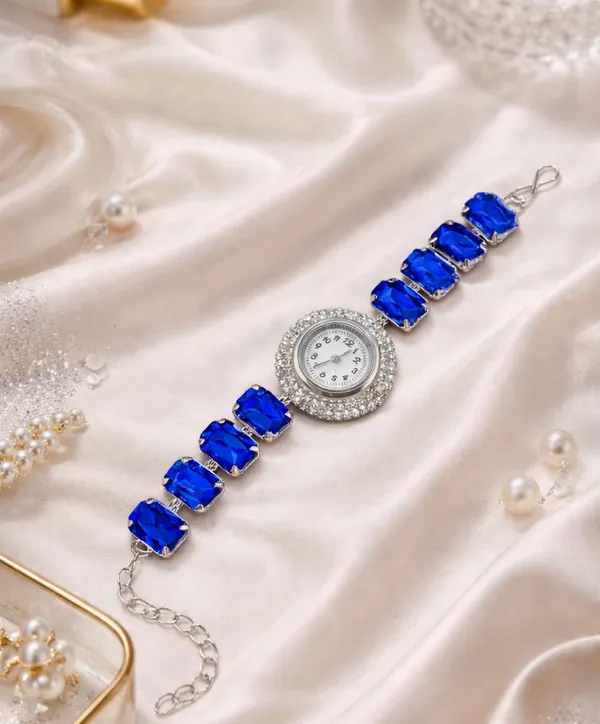 SHANKHRAJ_MALL_Silver/Rose_Gold_Diamond_Studded_Bracelet_Watch_for_Women_|_Elegant_Designer_Chain_Strap_Watch_for_Girls_(Blue)