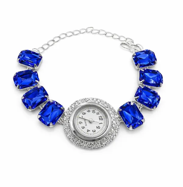 SHANKHRAJ_MALL_Silver/Rose_Gold_Diamond_Studded_Bracelet_Watch_for_Women_|_Elegant_Designer_Chain_Strap_Watch_for_Girls_(Blue)
