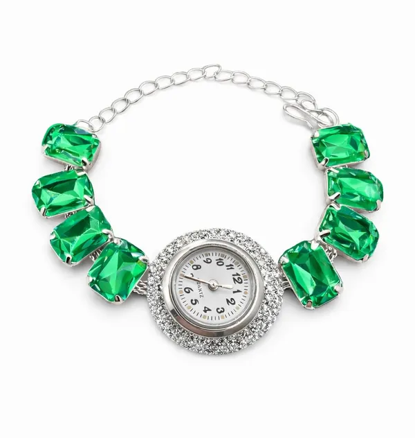 SHANKHRAJ_MALL_Silver/Rose_Gold_Diamond_Studded_Bracelet_Watch_for_Women_|_Elegant_Designer_Chain_Strap_Watch_for_Girls_(Green)