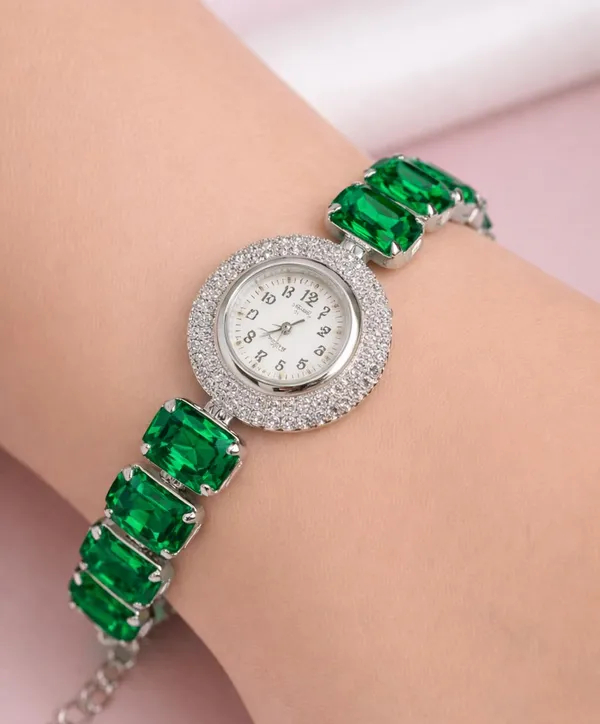SHANKHRAJ_MALL_Silver/Rose_Gold_Diamond_Studded_Bracelet_Watch_for_Women_|_Elegant_Designer_Chain_Strap_Watch_for_Girls_(Green)