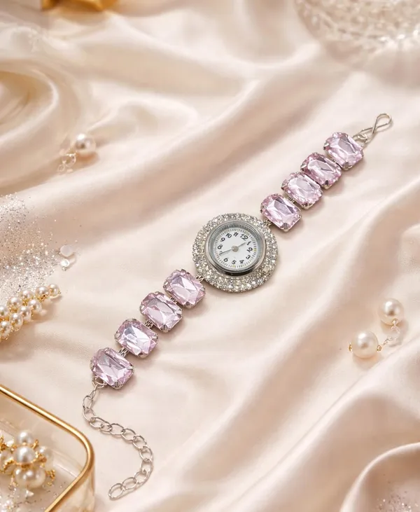 SHANKHRAJ_MALL_Silver/Rose_Gold_Diamond_Studded_Bracelet_Watch_for_Women_|_Elegant_Designer_Chain_Strap_Watch_for_Girls_(Pink)