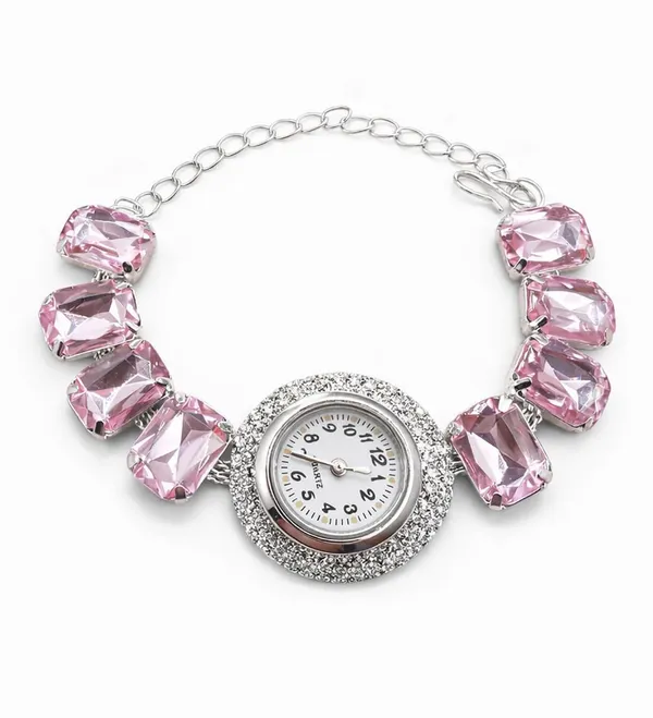 SHANKHRAJ_MALL_Silver/Rose_Gold_Diamond_Studded_Bracelet_Watch_for_Women_|_Elegant_Designer_Chain_Strap_Watch_for_Girls_(Pink)